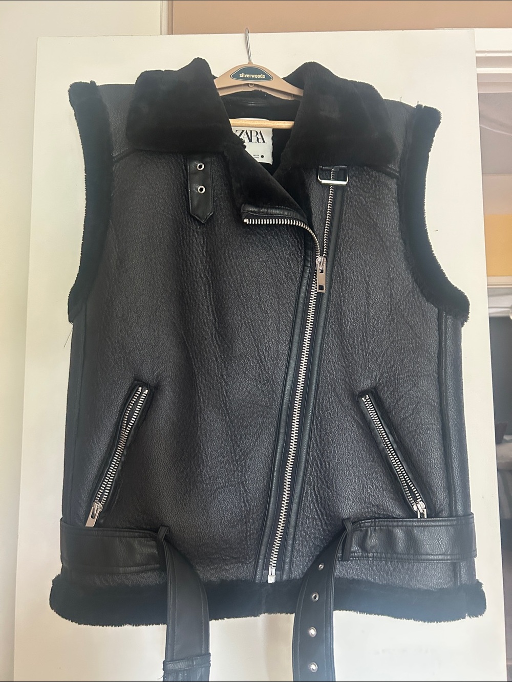 Zara Black Faux Shearling Moto Vest with Silver Hardware